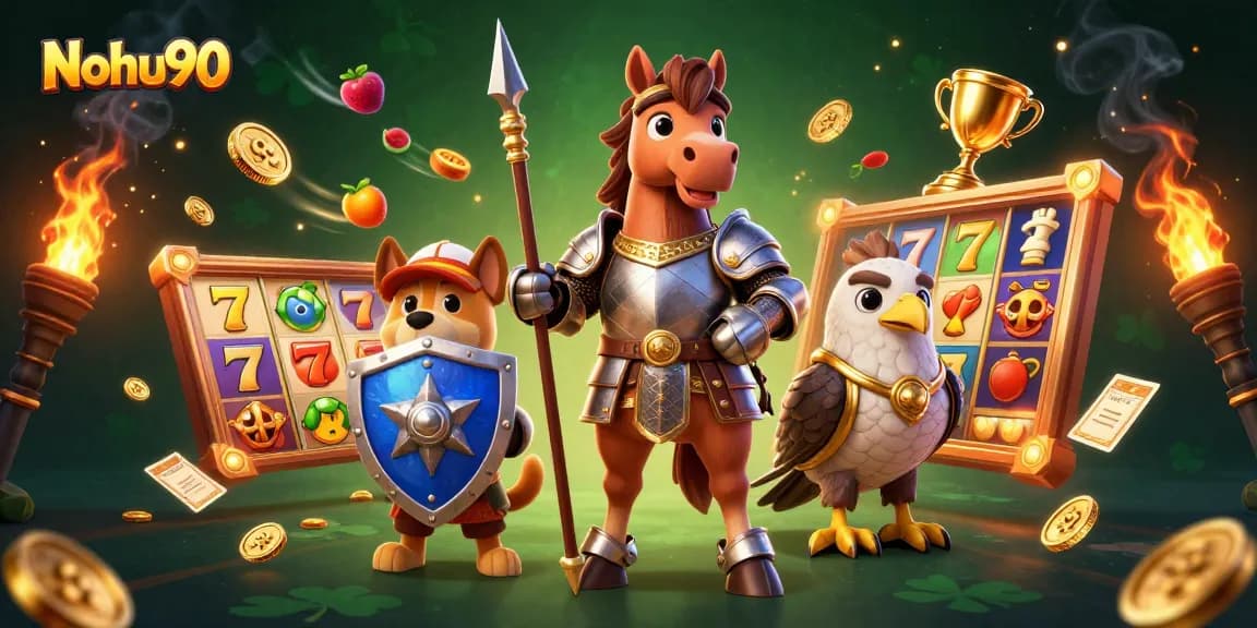 Nohu90 showcases a vibrant gaming scene with a knight, puppy, and falcon celebrating jackpot wins