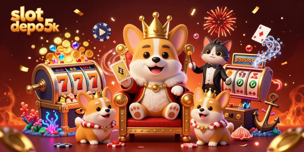Experience the thrills of slot depo 5k as a royal corgi and butler celebrate big wins with gems and coins.