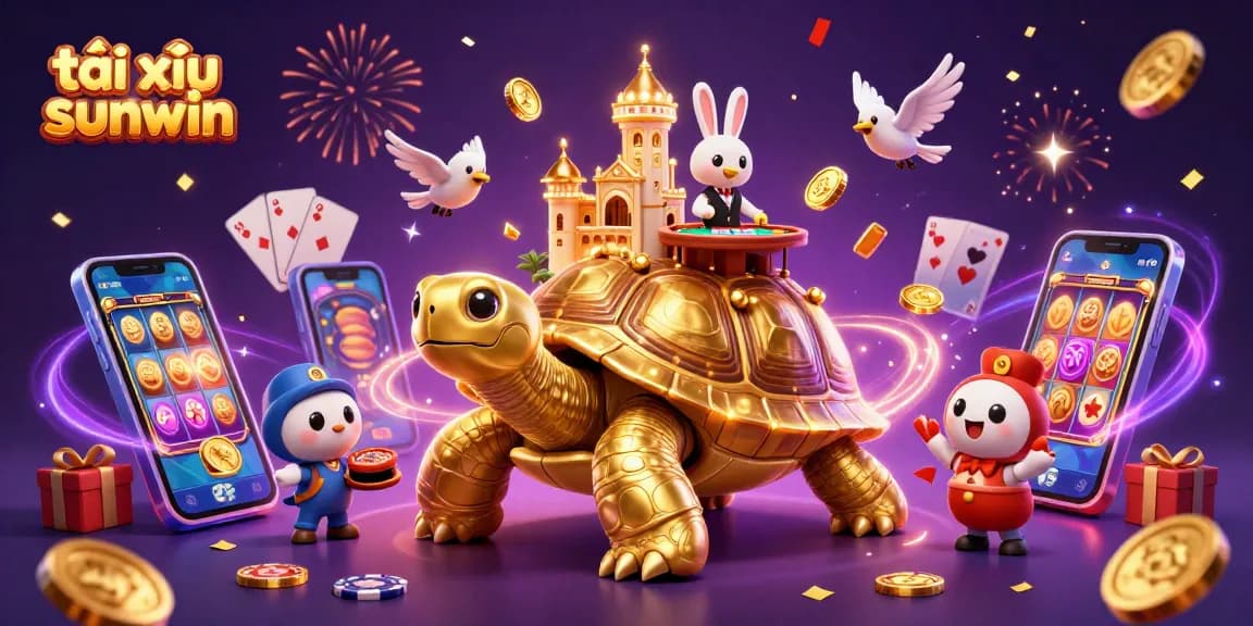 Experience the excitement of tài xỉu sunwin with golden tortoises, a rabbit dealer, and colorful gambling elements
