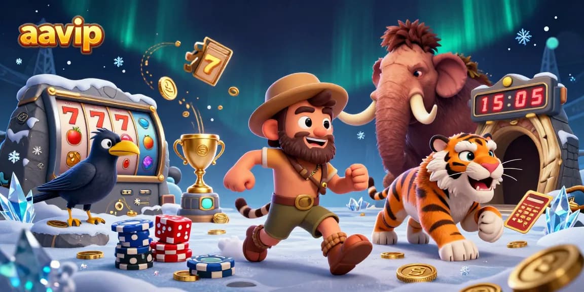 Aavip showcases a vibrant prehistoric casino scene with engaging characters and slot elements for casino excitement.