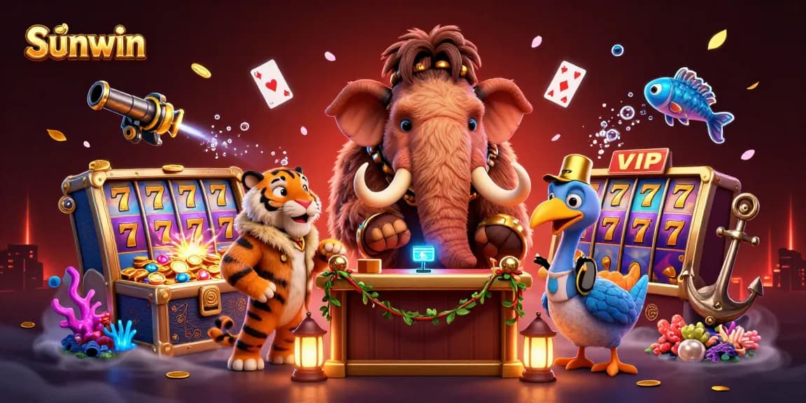 Celebtrating Sunwin at the casino door with mammoth bouncer, VIP saber-tooth tiger, and dodo doorman amidst vibrant game elements.