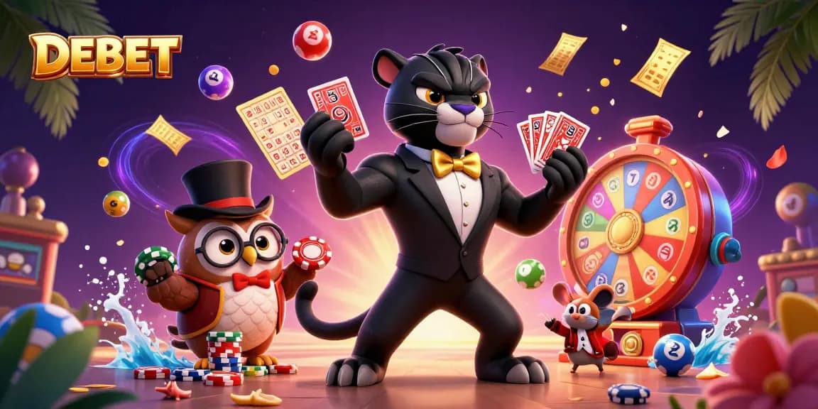 DEBET's engaging card dealing scene showcases vibrant gambling elements with characters and dynamic effects.