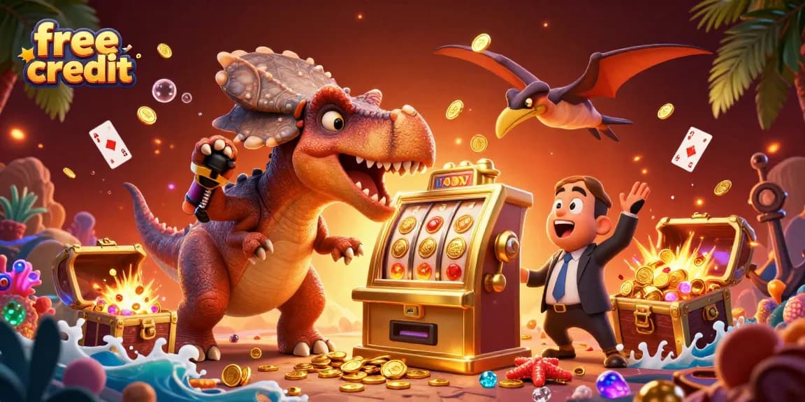 Engaging 3D illustration of a pachycephalosaurus winning free credit from slot machines, amidst casino chaos.