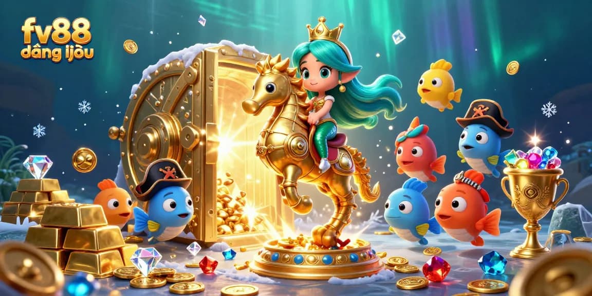 Join the excitement at fv88 đăng nhập with a stunning scene of a cartoon mermaid and her treasure!