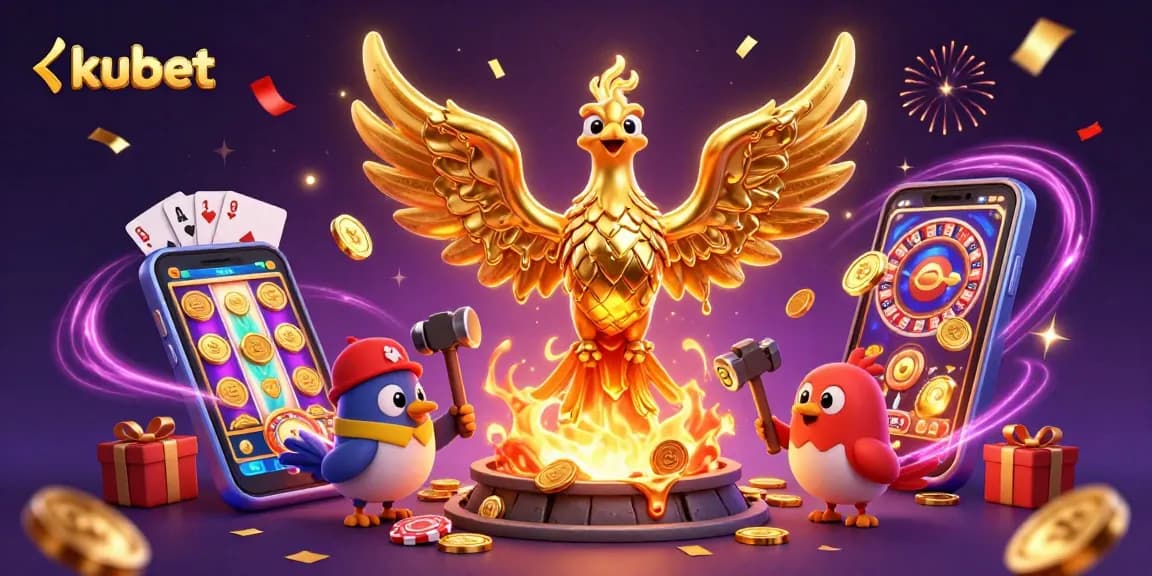 Experience kubet's thrilling gaming with a molten phoenix and a vibrant casino scene.