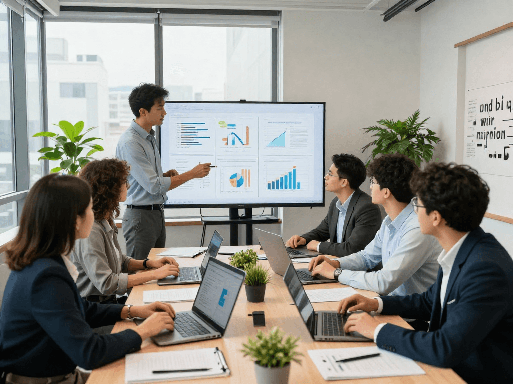 Professionals collaborating on IDXSTAR strategies in a contemporary office setting