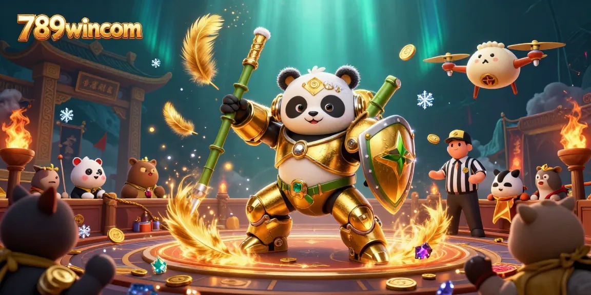 Engage in thrilling action with 789wincom's mech-suit panda at the vibrant casino arena.