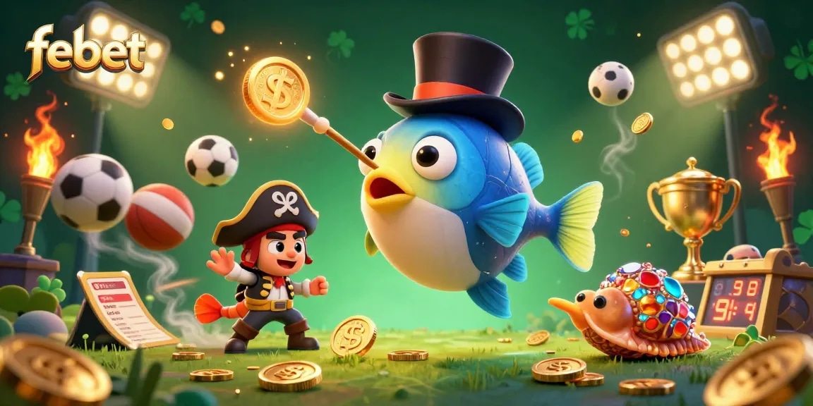 Win big with febet featuring an anglerfish and lucky sea creatures in a casino-themed illustration.