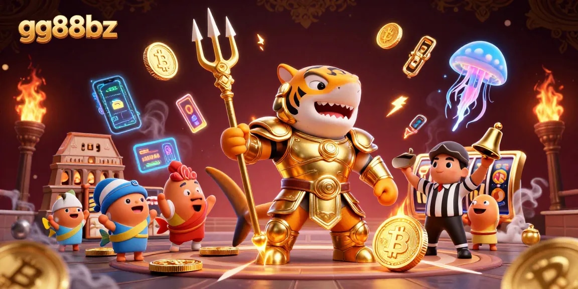 Engage in thrilling gameplay at gg88bz with a vibrant underwater casino scene featuring a gladiator shark and crypto elements.