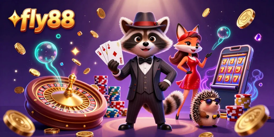 Experience winning moments at fly88 with an exciting 3D casino illustration featuring charming characters and vibrant game elements.