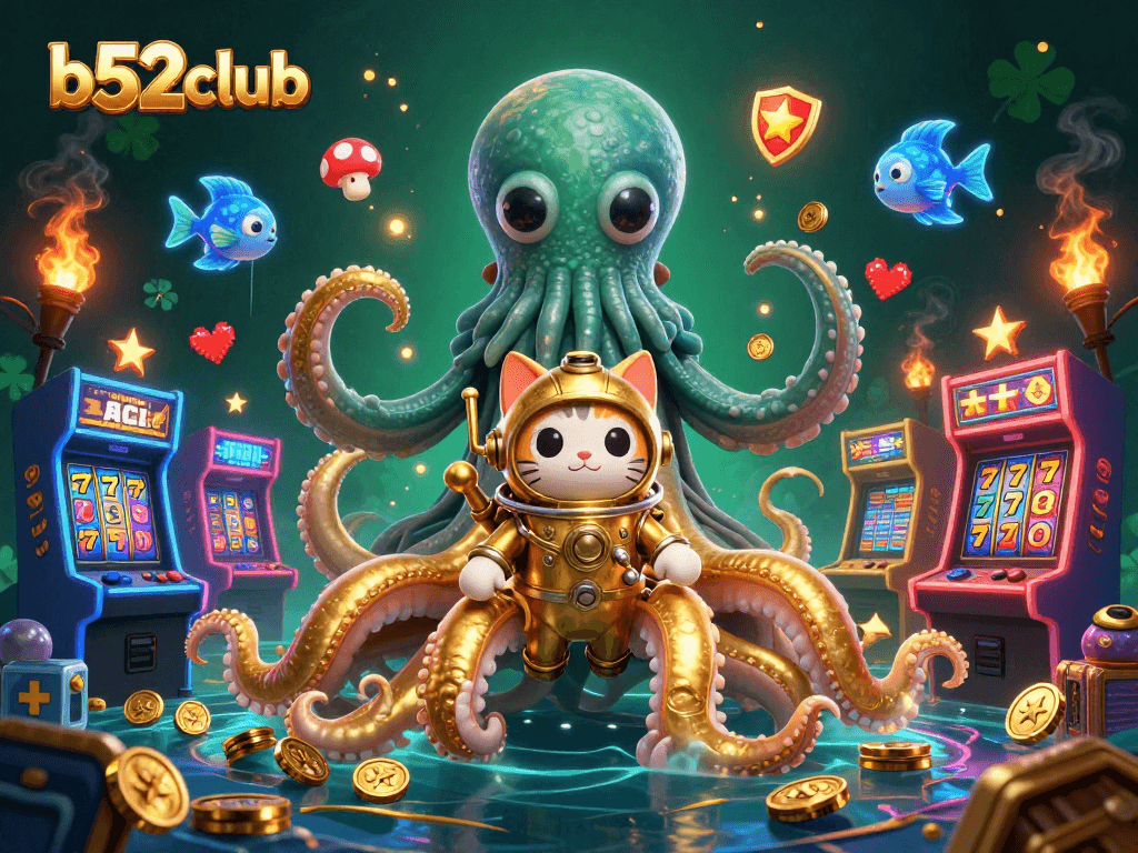 B52club showcases a vibrant casino scene with a colossal kraken and diving cat amidst slot machines and golden treasures.