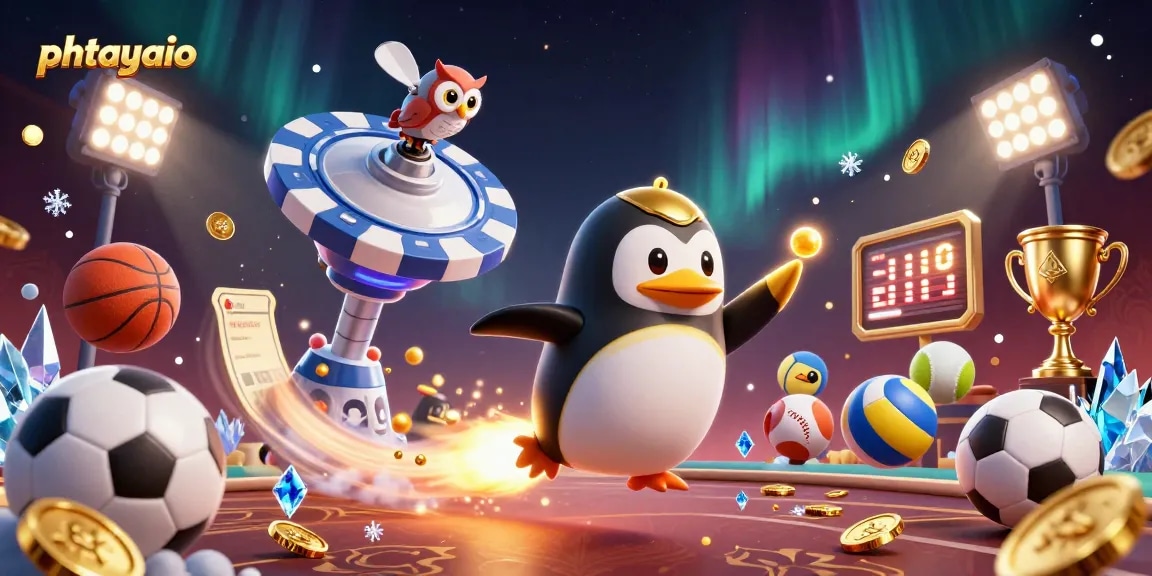 Experience thrilling wins with phtayaio, featuring a dynamic illustration of a golden penguin and casino elements.
