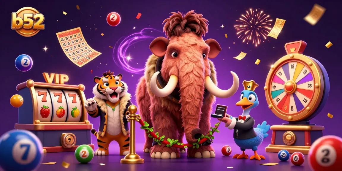 B52 online casino scene with a woolly mammoth bouncer, a saber-toothed tiger VIP, and a dodo bird doorman amidst lottery balls and slot reels.