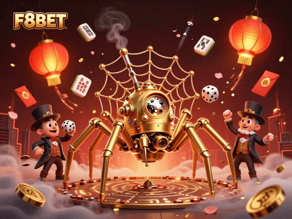 Experience thrilling gameplay with F8BET's dynamic casino scene featuring a golden spider and steampunk elements.