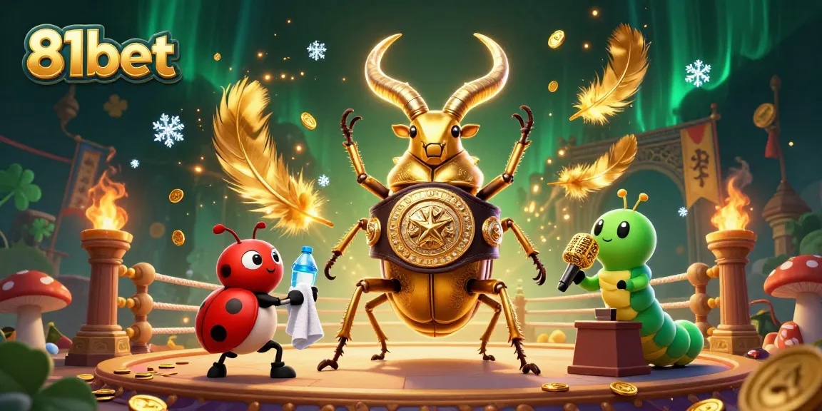 Engage with the dynamic 81bet scene featuring a golden stag beetle champion ready for action amidst casino elements.