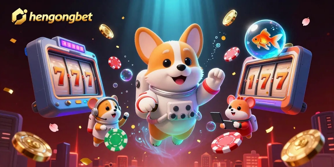 Experience thrilling action at hengongbet with a cartoon astronaut corgi in a vibrant casino setting, celebrating wins.