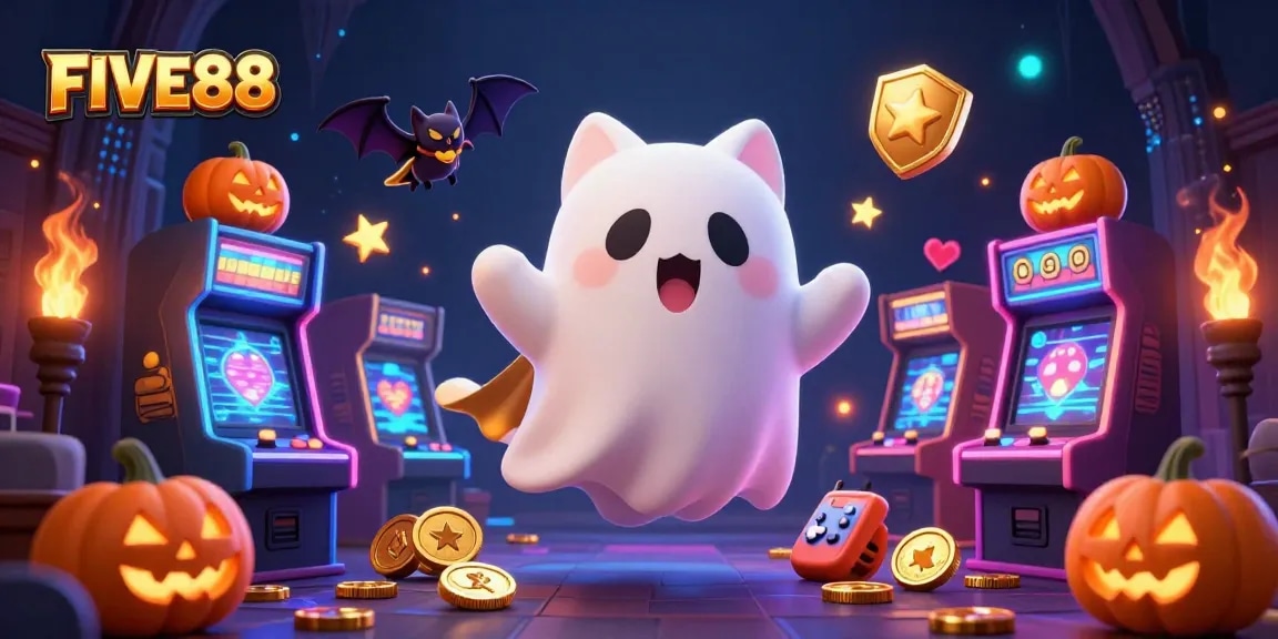Experience thrilling gameplay at FIVE88, where a ghost cat and a bat explore a haunted casino filled with vibrant arcade features and glowing slots.