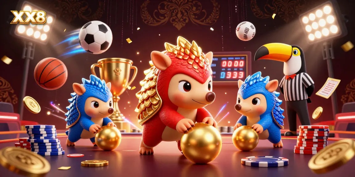 Experience thrilling gameplay at XX88 with pangolins competing in a lively casino scene.