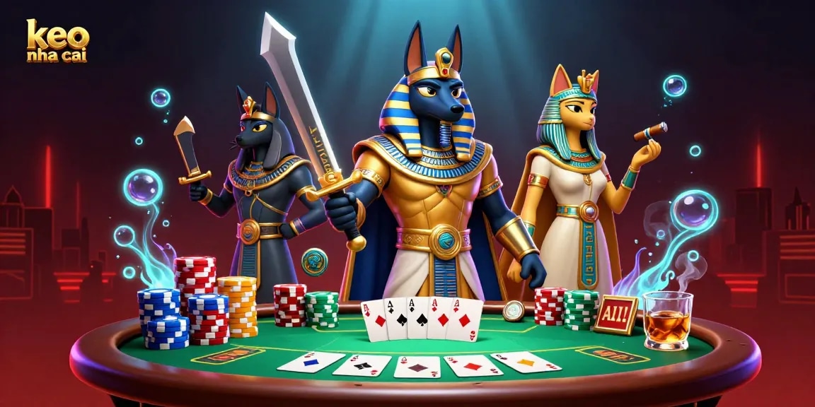 Engage with keo nha cai as Anubis and Bastet conquer the poker table in a vibrant 3D illustration.