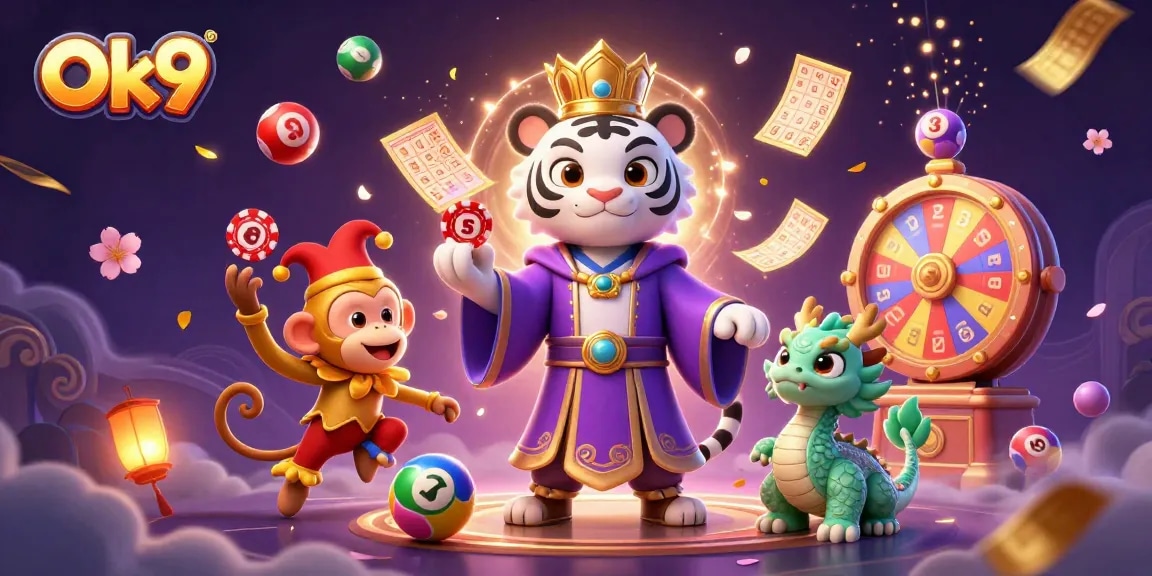 Engage with Ok9's casino world featuring a vibrant 3D scene of games and luck.
