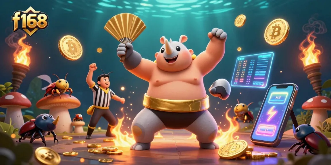 Experience the thrill of f168 gaming with animated beetles competing in a vibrant casino scene.