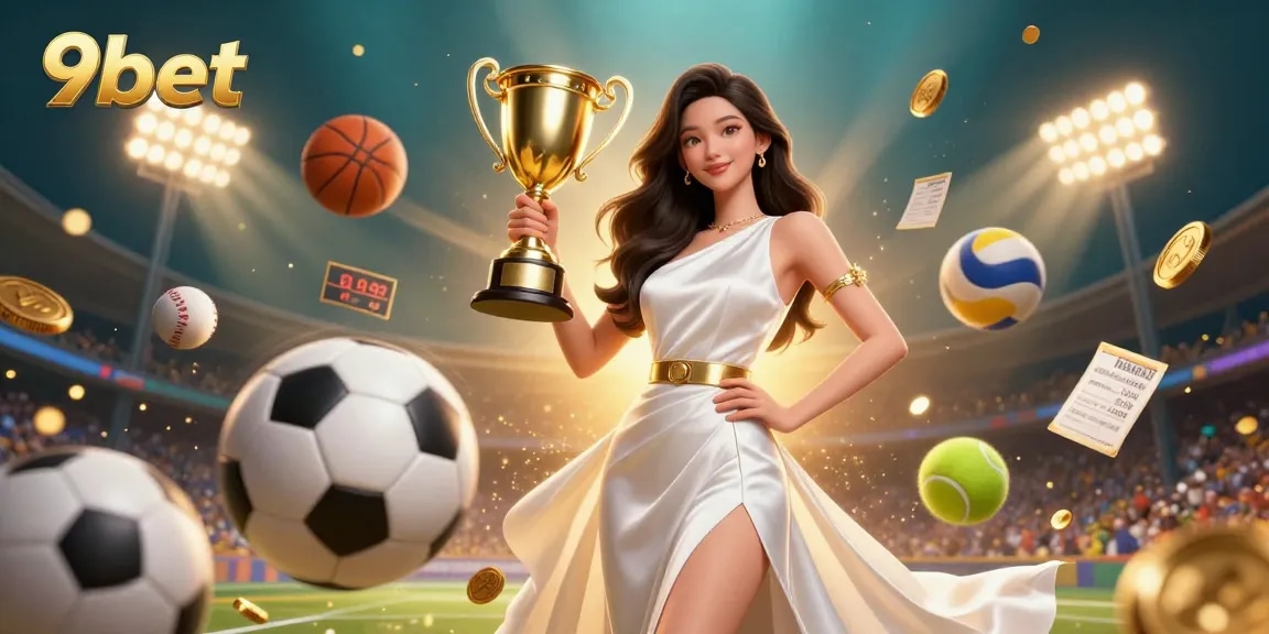 Bet on 9bet and celebrate victories with dynamic sports elements in vibrant illustration.
