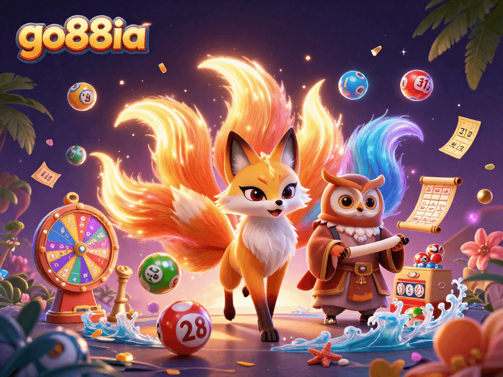 Engage with go88ia's vibrant lottery and gaming scene featuring dynamic 3D characters and elements.