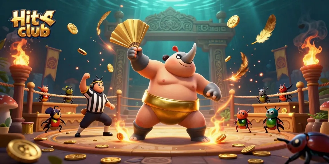 Experience the Hit club excitement with a dynamic scene featuring a beetle champion and golden betting elements.