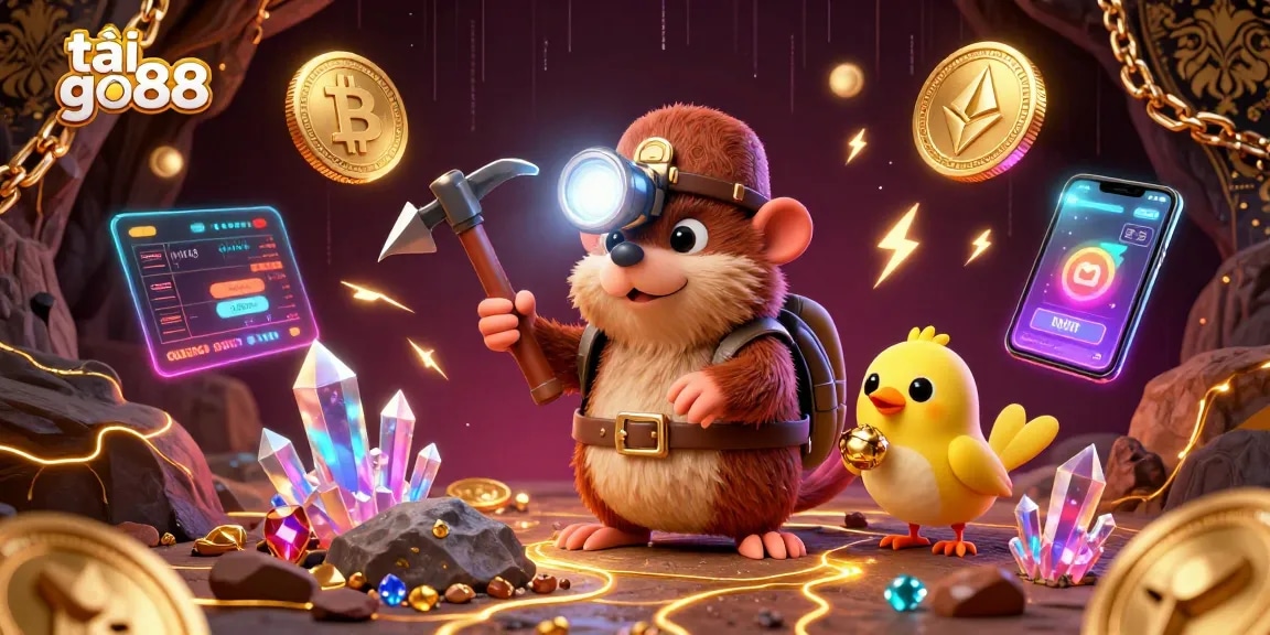 Experience the excitement of tải go88 with a vibrant 3D treasure hunting scene filled with crypto coins and glowing gems.