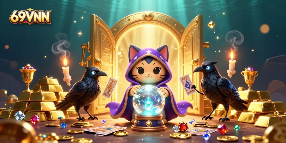 Engage with the vibrant 69VNN casino experience featuring a mystical scene full of gold treasures.