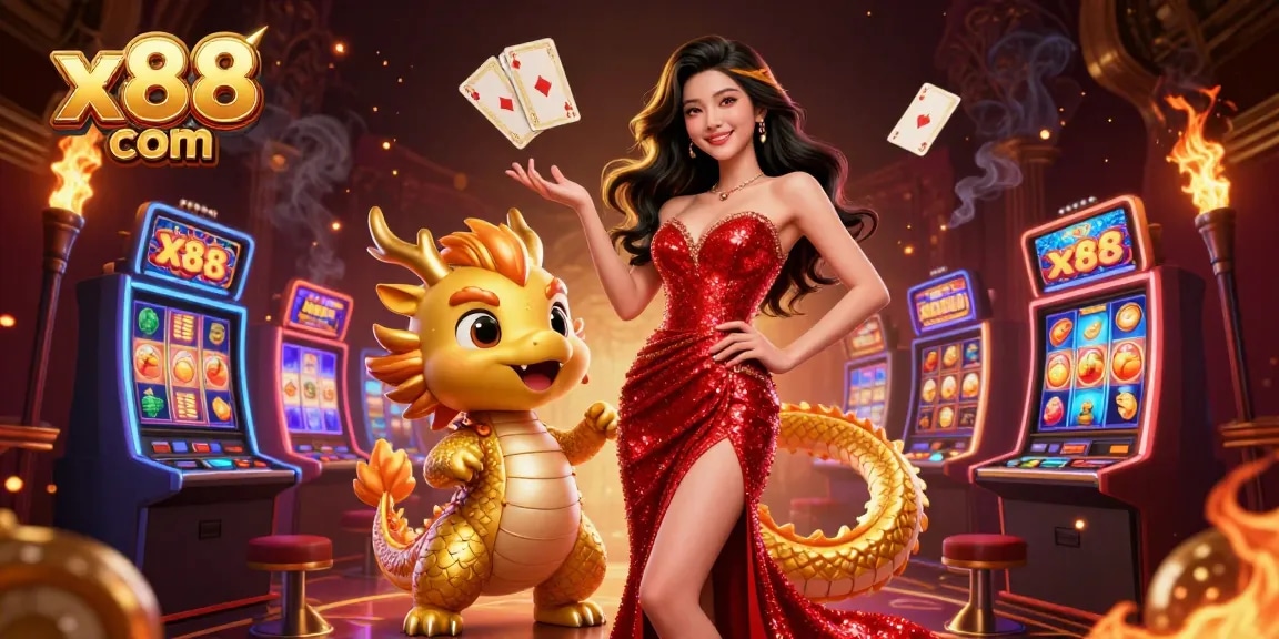 Engage in exciting gameplay at x88 com with a stunning Asian woman, golden dragon mascot, and vibrant slot machines.