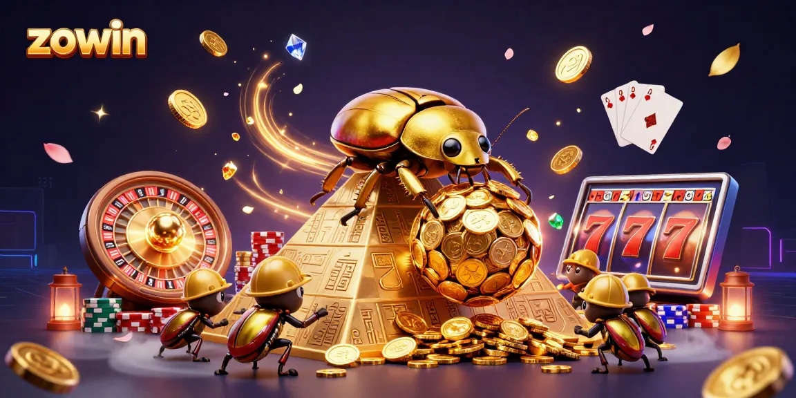 Zowin offers thrilling gaming experiences as a golden beetle rolls towards jackpots with coins and slot symbols.