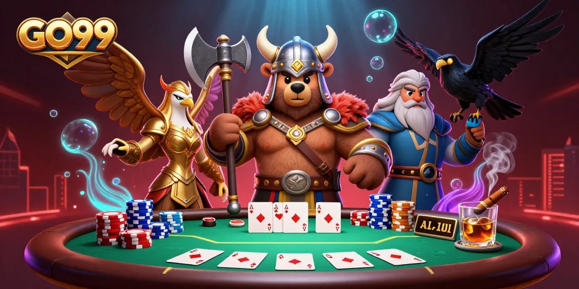 Play poker with GO99 while enjoying a vibrant 3D Viking casino scene.