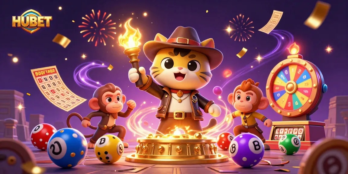 Engage with HUBET as an explorer cat finds golden casino artifacts amid dynamic gambling elements.