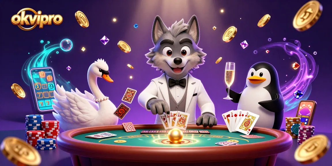 Experience thrilling baccarat and luxury with okvipro in this animated casino scene.