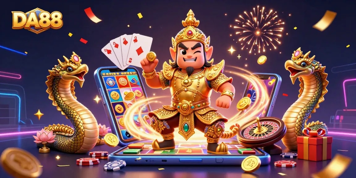 Experience exciting gaming with DA88, featuring a guardian and vibrant slot games.