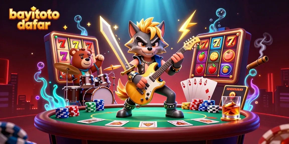 Experience the thrill of winning with bayitoto daftar in this vibrant casino scene filled with slot reels and poker elements.