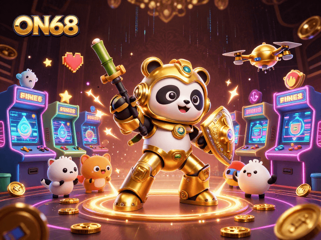 Engage in high-stakes gaming at ON68, where a golden panda piloting a robot fights amidst vibrant 3D casino elements.
