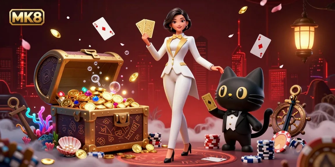 Experience the excitement of MK8 with a glamorous dealer shuffling cards amidst stunning casino visuals.