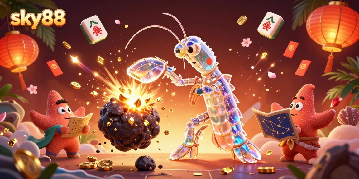 Engage with sky88's galactic samurai mantis shrimp in a dynamic casino scene, filled with golden action and festive elements.
