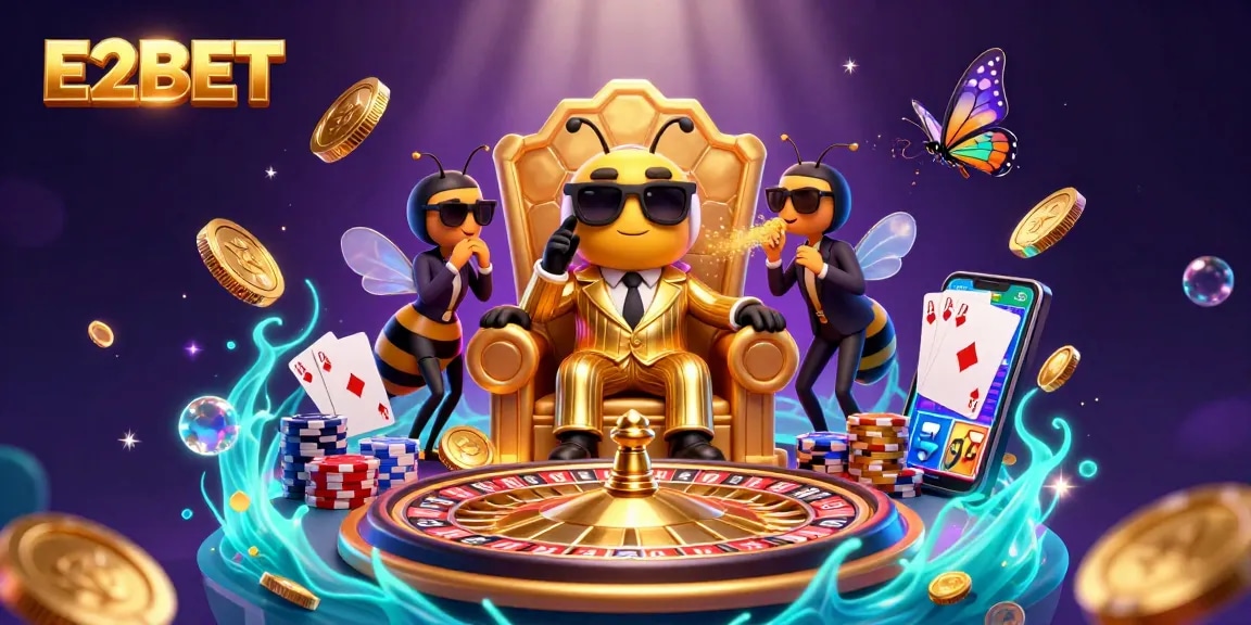 E2BET casino scene with a cartoon bumblebee mob boss and thrilling gaming elements.