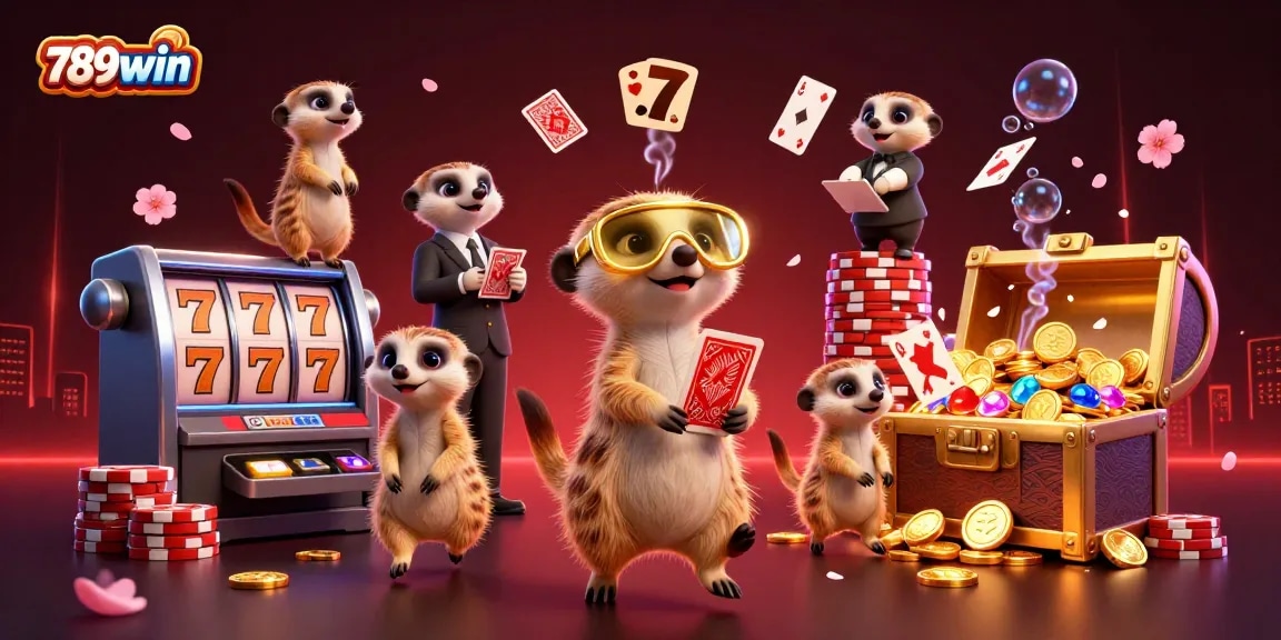 Engage with 789win's thrilling casino operation featuring lively meerkats in a vibrant gaming scene.