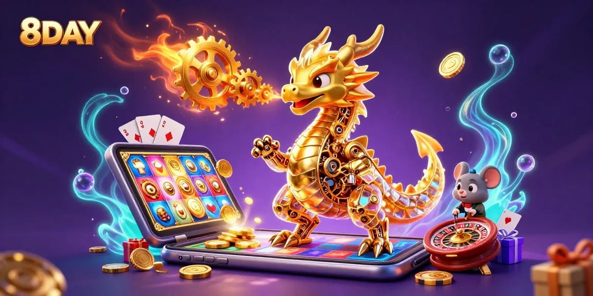 8DAY casino dragon breathes golden gears, showcasing vibrant slot games and casino elements