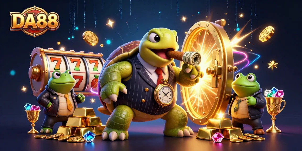 Experience a thrilling moment with DA88 as a snapping turtle and bullfrogs play the slots amidst treasures.