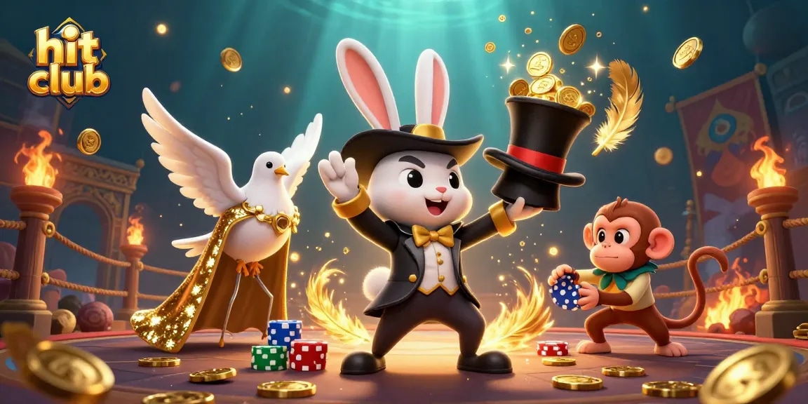 Experience the thrill of the hit club where a magician rabbit, dove, and monkey bring casino magic alive.