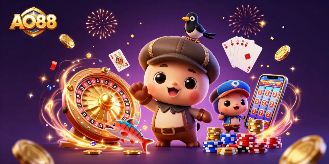 AO88 engages players with a vibrant casino scene featuring Nessie and jackpot elements.