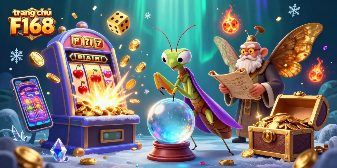Experience winning at trang chủ F168 with a vibrant illustration of fortune tellers and a slot machine bursting with rewards.