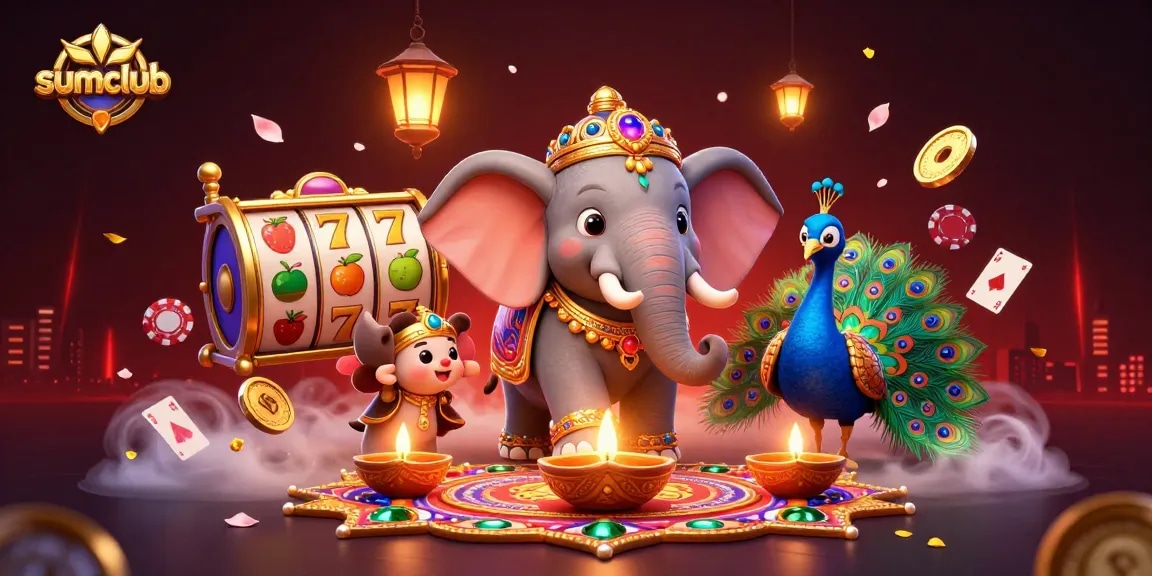Experience thrilling gameplay at sumclub with vibrant slot reels, poker chips, and rich illustrations.