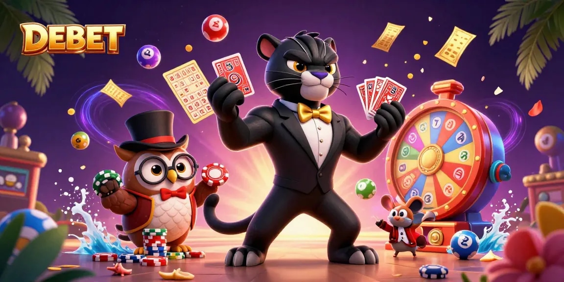 DEBET's engaging card dealing scene showcases vibrant gambling elements with characters and dynamic effects.