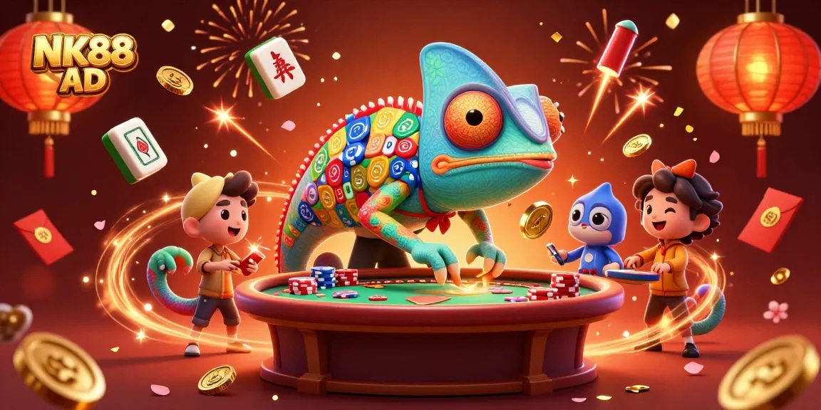 Experience the vibrant gambling atmosphere with the NK88 AD chameleon casino owner catching golden coins in this festive 3D illustration.